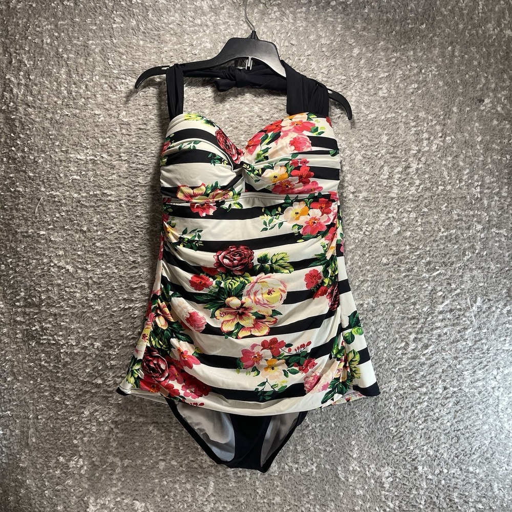 Jantzen One Piece Halter Swimsuit Floral Ruched Lined Size 10 Beach Vacation
